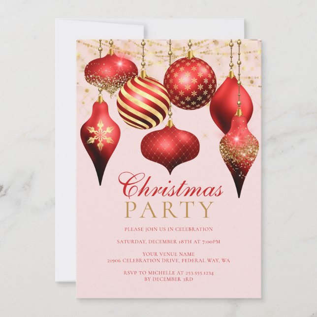 Invitación Elegante Fiesta de Navidades de Ornamentos Rojos (Anverso)