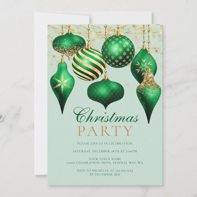 Invitación Elegante Fiesta de Navidades de Ornamentos Verdes  (Anverso)