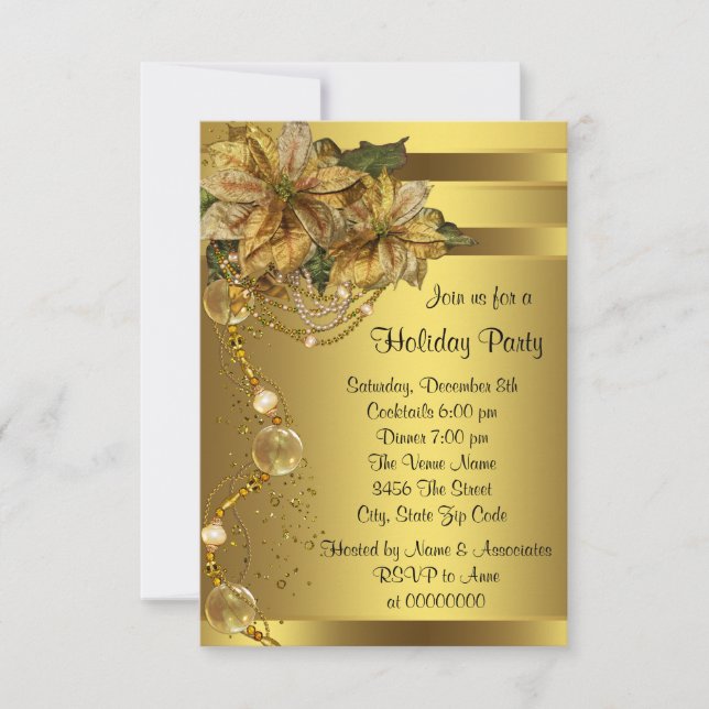 Invitación Elegante Fiesta de Navidades de oro de Poinsettia  (Anverso)
