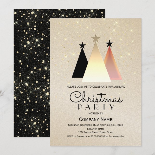 Invitación Elegante Fiesta de Navidades de oro negro (Anverso / Reverso)
