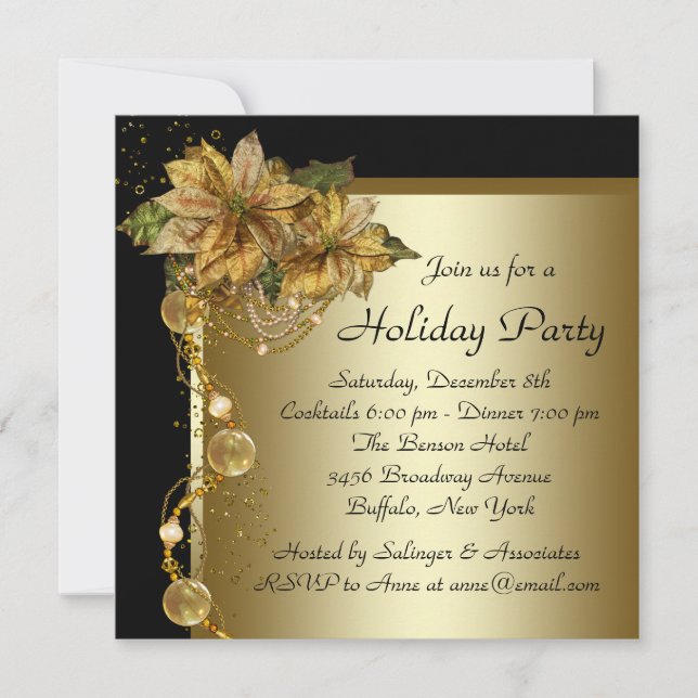 Invitación Elegante Fiesta de Navidades de oro negro de Poins (Anverso)