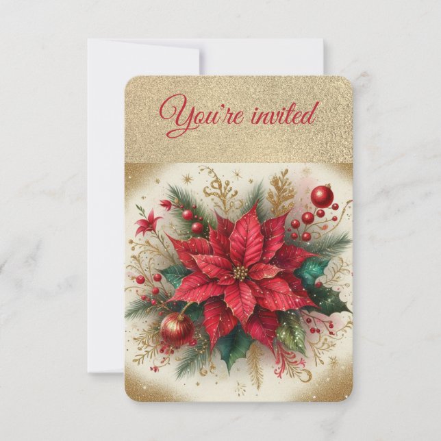 Invitación Elegante Fiesta de Navidades de Oro y Poinsettia R (Anverso)