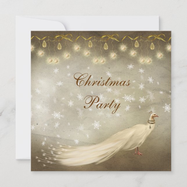 Invitación Elegante Fiesta de Navidades de pavo real blanco (Anverso)