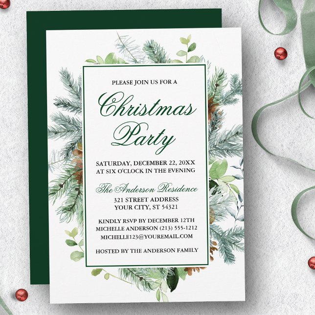 Invitación Elegante Fiesta de Navidades de pinos acuáticos de (Customize to change text color, size, style or to change color of back of card.)