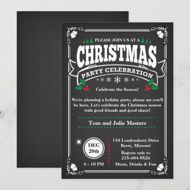 Invitación Elegante Fiesta de Navidades de pizarra negra (Anverso / Reverso)