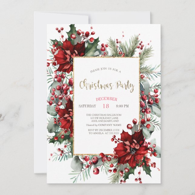 Invitación Elegante Fiesta de Navidades de Poinsettia (Anverso)