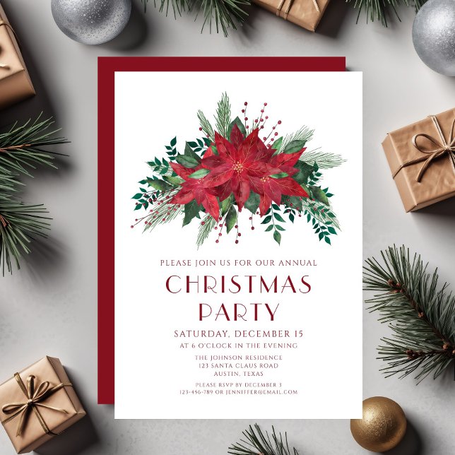 Invitación Elegante Fiesta de Navidades de Poinsettia de Flor (Elegant Red Floral Poinsettia Christmas Party Invitation)