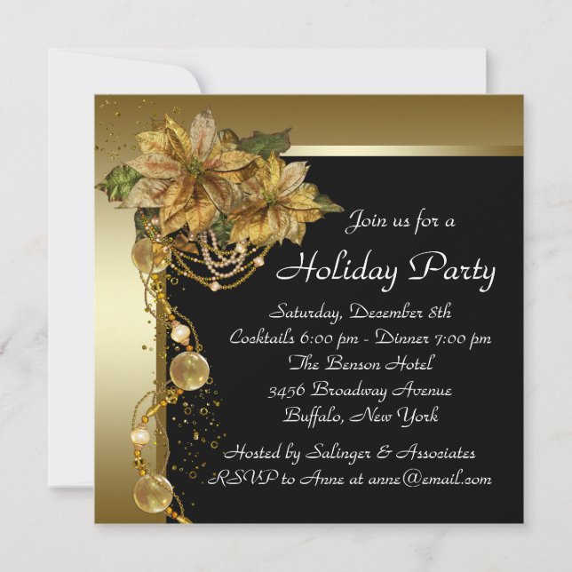 Invitación Elegante Fiesta de Navidades de Poinsettia del Oro (Anverso)