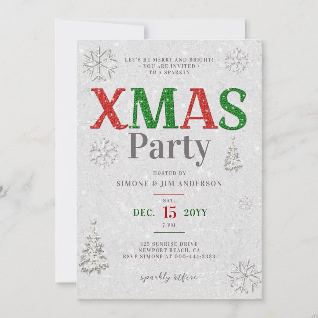 Invitación Elegante Fiesta de Navidades de Purpurinas blancos (Anverso)