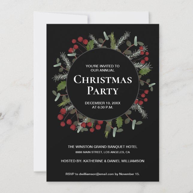 Invitación Elegante fiesta de Navidades de Red Holly Wreath h (Anverso)