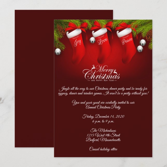 Invitación Elegante Fiesta de Navidades de Red Stockings (Anverso / Reverso)