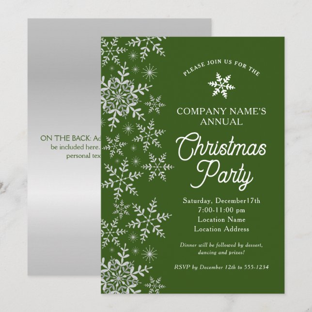 Invitación Elegante Fiesta de Navidades de Snowflakes Green C (Anverso / Reverso)