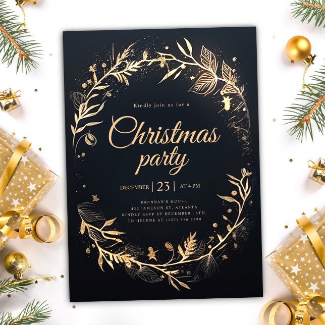 Invitación Elegante Fiesta de Navidades de vacaciones de oro  (Minimal Black Gold Holiday Elegant Christmas Party Invitation)