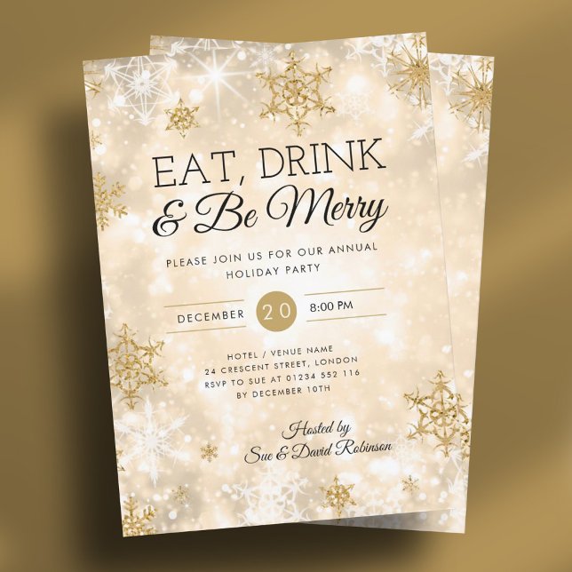 Invitación Elegante Fiesta de Navidades de vacaciones de oro  (Elegant "Eat & Drink" Gold Holiday Christmas Party Invitation)