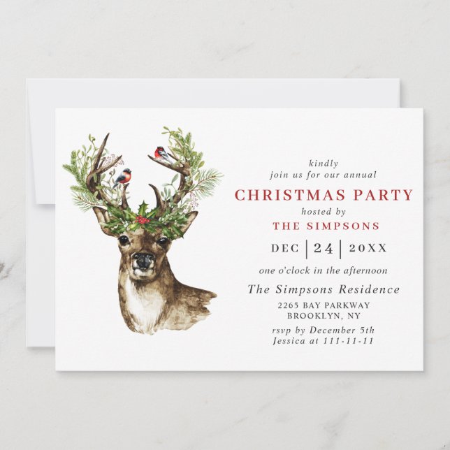 Invitación Elegante fiesta de Navidades de venado de Poinsett (Anverso)