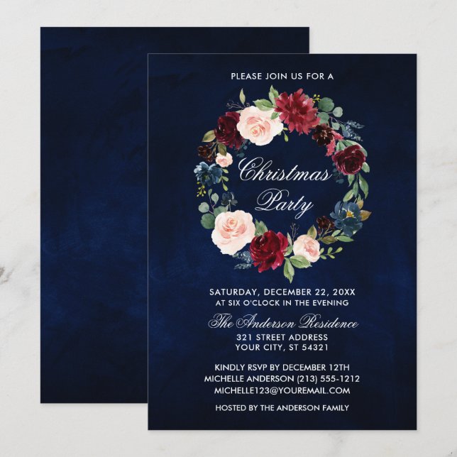 Invitación Elegante Fiesta de Navidades de Wreath Floral de c (Anverso / Reverso)