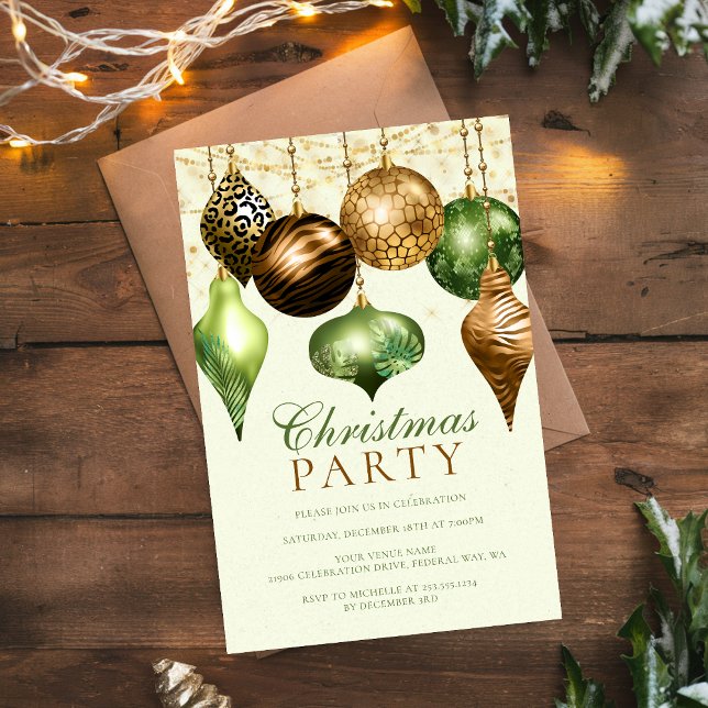 Invitación Elegante Fiesta de Navidades del Ornamento de Oro  (Elegant Safari Gold Ornament Christmas Party Invitation)