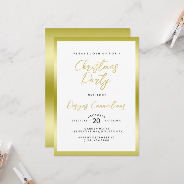 Invitación Elegante Fiesta de Navidades dorados y blancos (Anverso/Reverso In Situ)