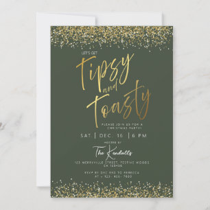 Invitación Elegante fiesta de Navidades dorados y verdes