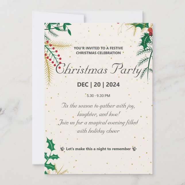 Invitación Elegante fiesta de Navidades dorados y verdes (Anverso)
