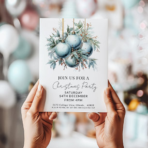 Invitación Elegante Fiesta de Navidades en azul bauble