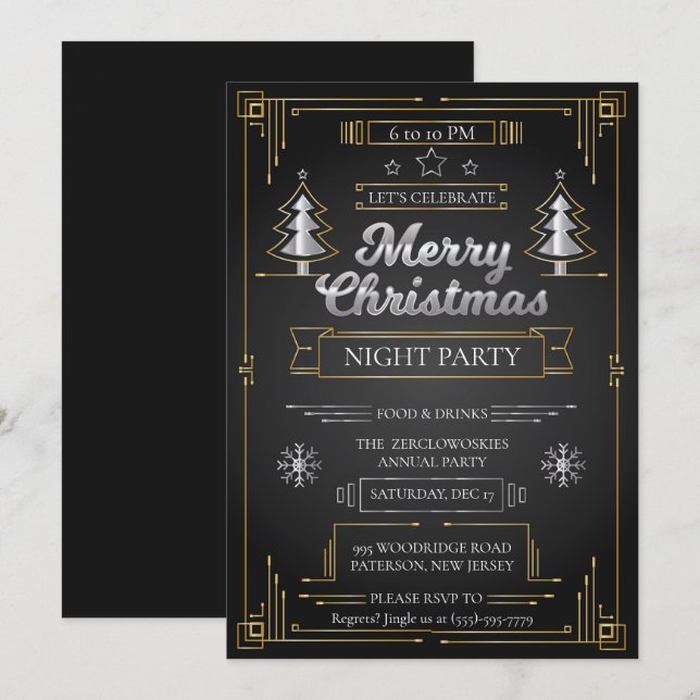 Invitación Elegante Fiesta de Navidades en negro y oro (Anverso / Reverso)