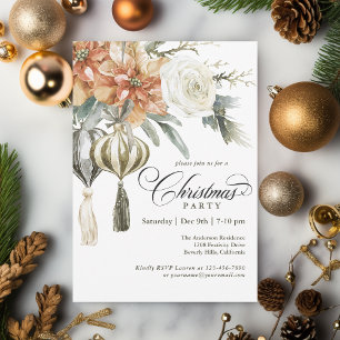 Invitación Elegante Fiesta de Navidades florales con adornos