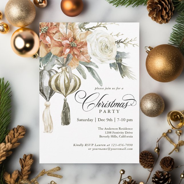 Invitación Elegante Fiesta de Navidades florales con adornos  (Available in both printed and instant download digital format.)
