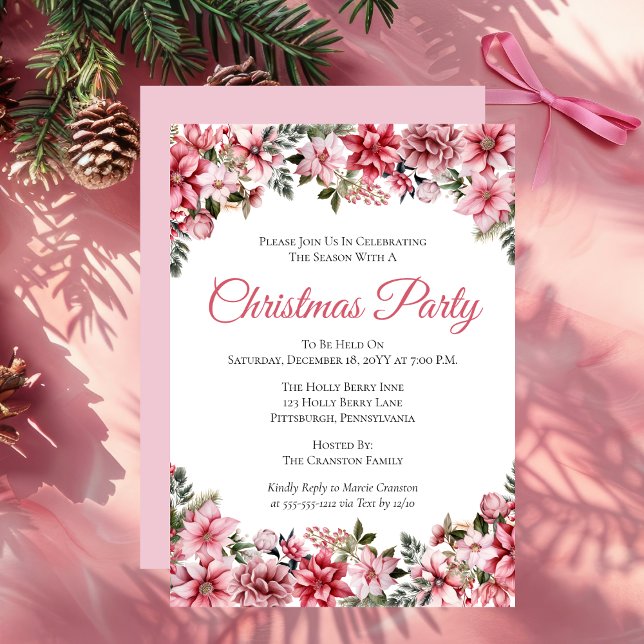 Invitación Elegante Fiesta de Navidades Florales de Poinsetti (Elegant Pink Poinsettias Floral Christmas Party Invitation)