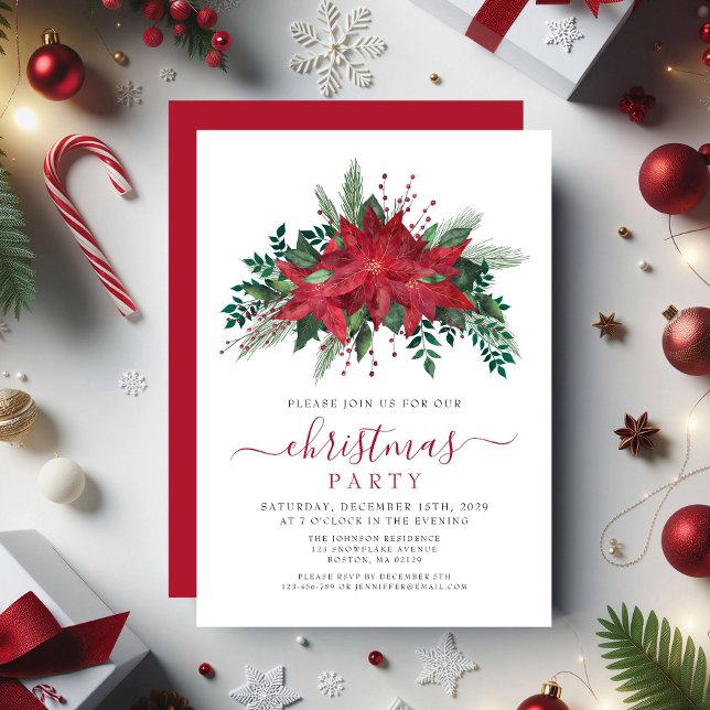 Invitación Elegante Fiesta de Navidades florales de Poinsetti (Elegant Red Poinsettia Floral Christmas Party Invitation)