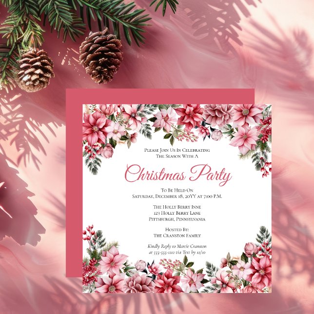 Invitación Elegante Fiesta de Navidades Florales de Poinsetti (Elegant Pink Poinsettias Floral Christmas Party Invitation)
