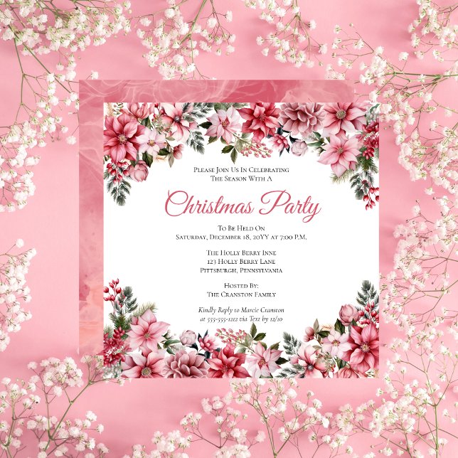 Invitación Elegante Fiesta de Navidades Florales de Poinsetti (Elegant Pink Poinsettias Floral Christmas Party Invitation)