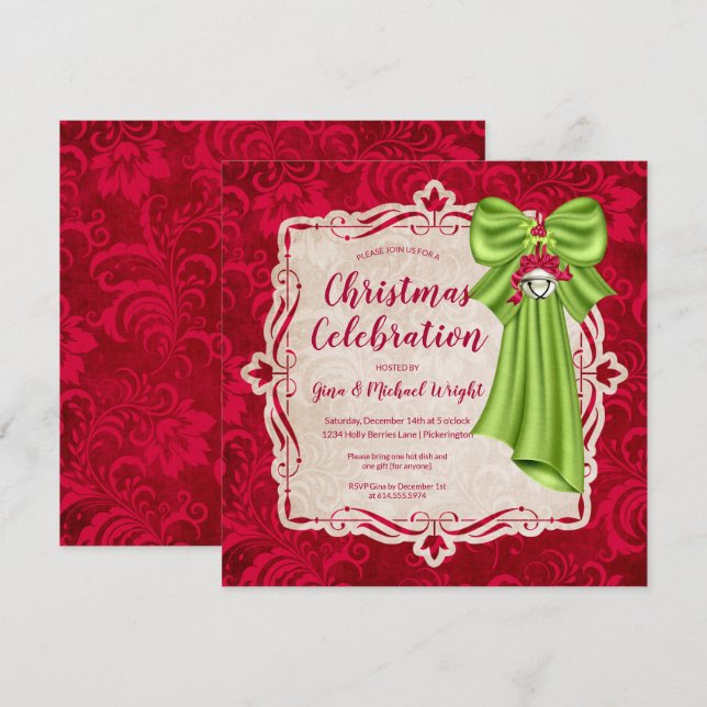 Invitación Elegante Fiesta de Navidades Florales y Vestidos V (Anverso / Reverso)