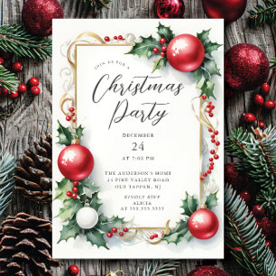 Invitación Elegante fiesta de Navidades Holly Berry