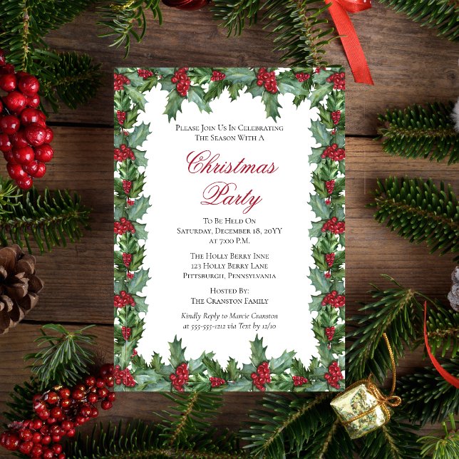 Invitación Elegante Fiesta de Navidades Holly y Berries Frame (Elegant Holly and Berries Frame Christmas Holiday Party  Invitation )