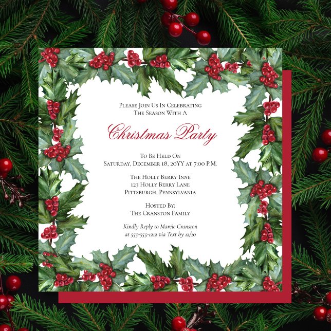 Invitación Elegante Fiesta de Navidades Holly y Berries Frame (Subido por el creador)