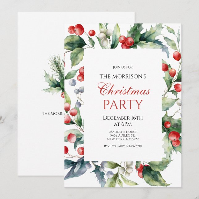 Invitación Elegante Fiesta de Navidades Holly y Berries Frame (Anverso / Reverso)