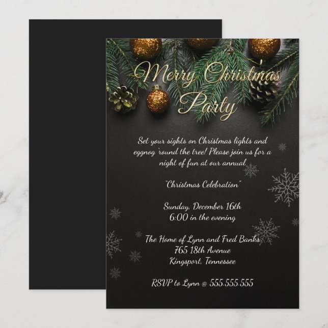 Invitación Elegante Fiesta de Navidades negros (Anverso / Reverso)
