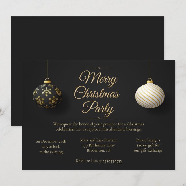 Invitación Elegante Fiesta de Navidades negros y de oro (Anverso / Reverso)