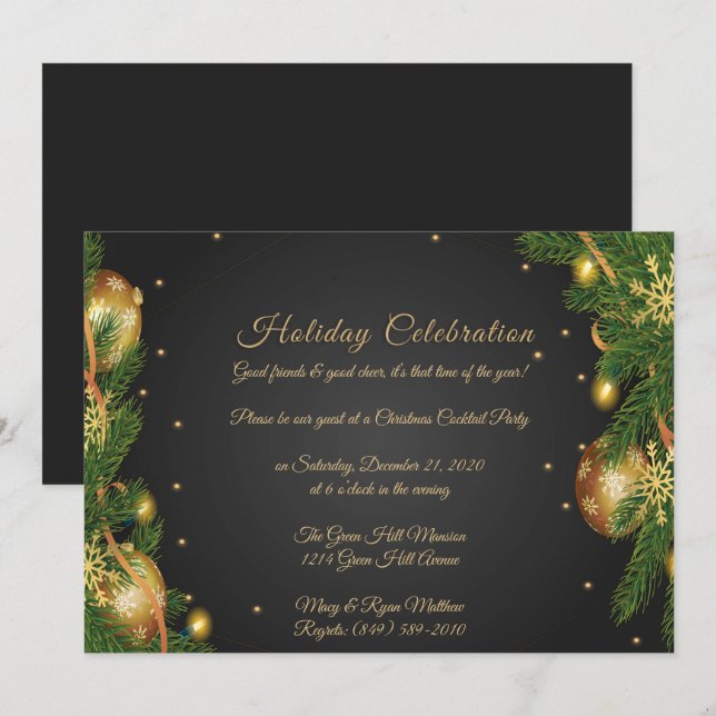 Invitación Elegante Fiesta de Navidades negros y dorados (Anverso / Reverso)