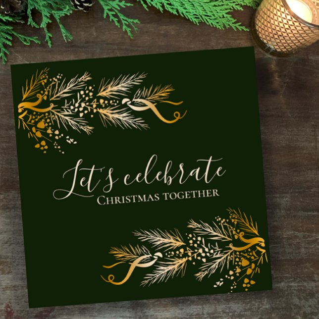 Invitación Elegante Fiesta de Navidades personalizados verde  (Invite your guests for a Christmas party with unique dark green elegant golden pine invitation card)