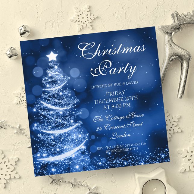 Invitación Elegante Fiesta de Navidades Plata y Azul (Elegant Silver & Blue Christmas Party Sparkle Invitation)