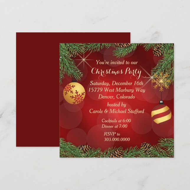 Invitación Elegante Fiesta de Navidades Red Gold (Anverso / Reverso)