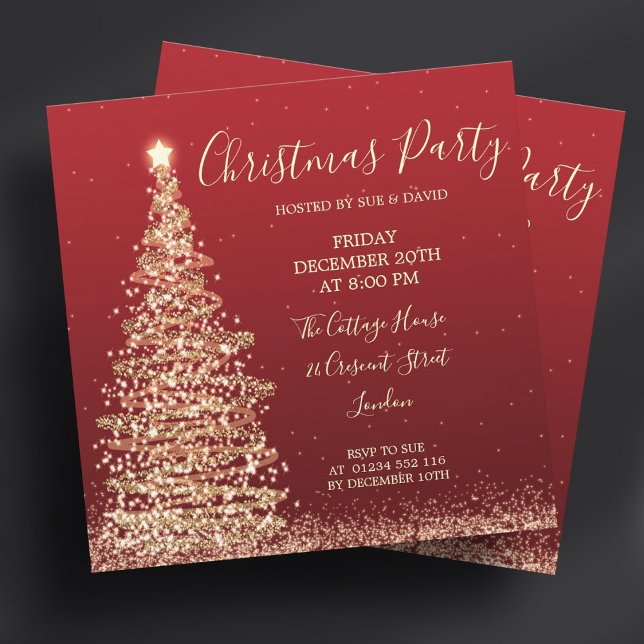 Invitación Elegante Fiesta de Navidades rojos del árbol Purpu (Elegant Glitter Tree Red Christmas Party Invitation)