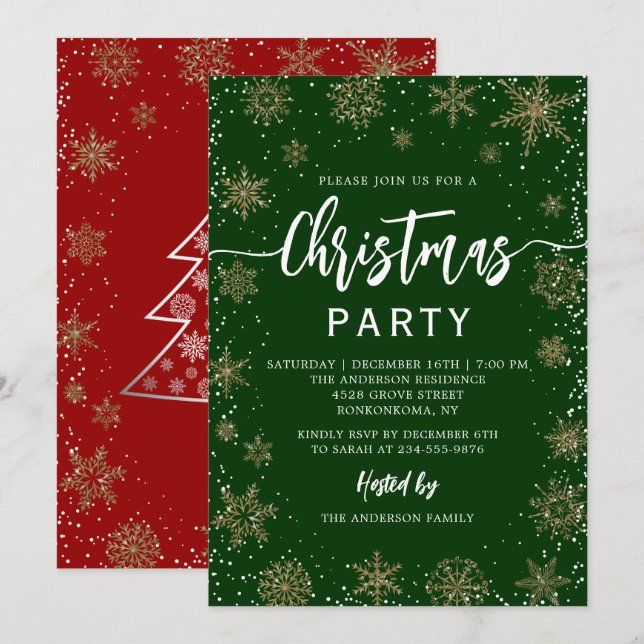 Invitación Elegante Fiesta de Navidades Rojos Verdes con copa (Anverso / Reverso)