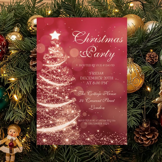Invitación Elegante Fiesta de Navidades rojos y dorados (Elegant Red & Gold Christmas Party Sparkle Invitation)