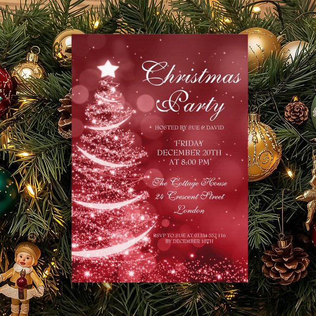 Invitación Elegante Fiesta de Navidades rojos y plateados (Elegant Red & Silver Christmas Party Sparkle Invitation)