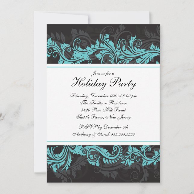 Invitación Elegante fiesta de Navidades turquesa negros (Anverso)
