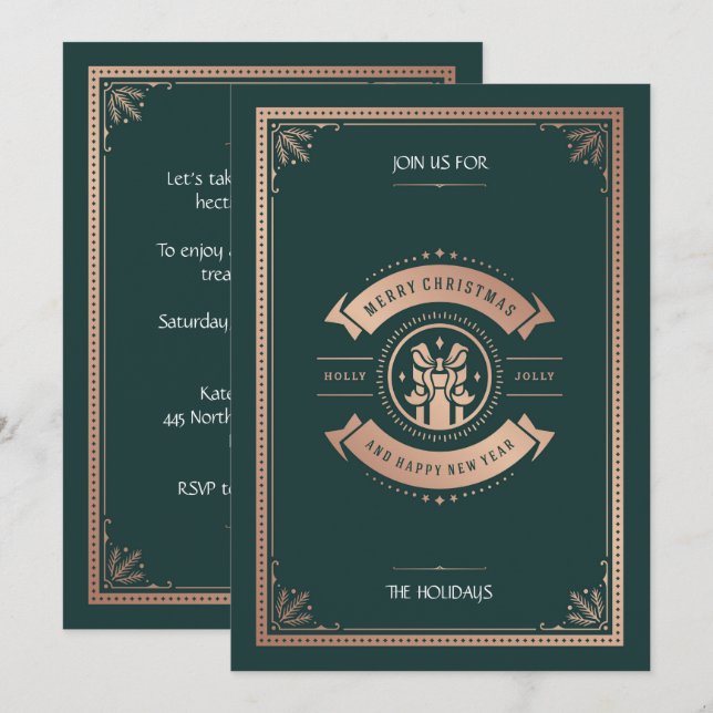 Invitación Elegante Fiesta de Navidades Verdes de Caza al Est (Anverso / Reverso)