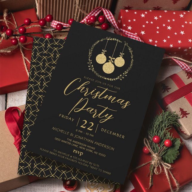Invitación Elegante Fiesta de Navidades Wreath Purpurina de o (Elegant Black Gold Glitter Wreath Christmas Party Invitation)